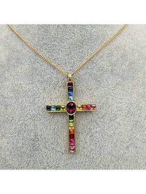 Vintage P S Co 1998 Gold Tone Multicolor Crystal Cross Pendant Necklace Rainbow